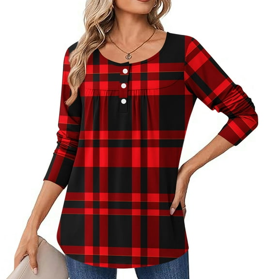 EchfiProm Tops for Women Pleated Long Sleeve Red Plaid Loose Crew Neck Ladies T-Shirt Fall