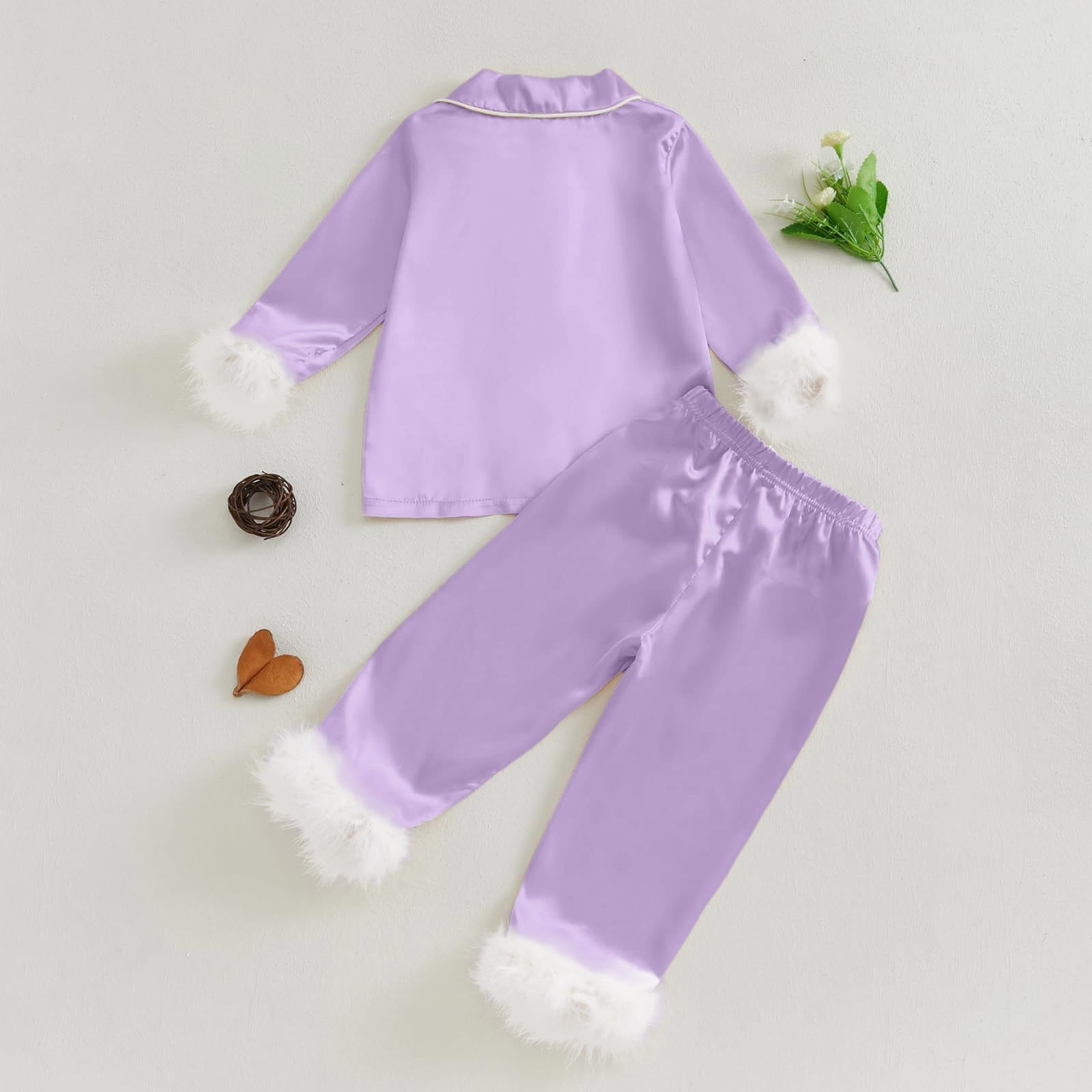newwalpole Kids Toddler Girl Satin Pajamas Fuzzy Trim Long Sleeve Button Down Shirt Top and Pants 2pcs Pjs Sets Sleepwear Purple for Size 5-6 Years