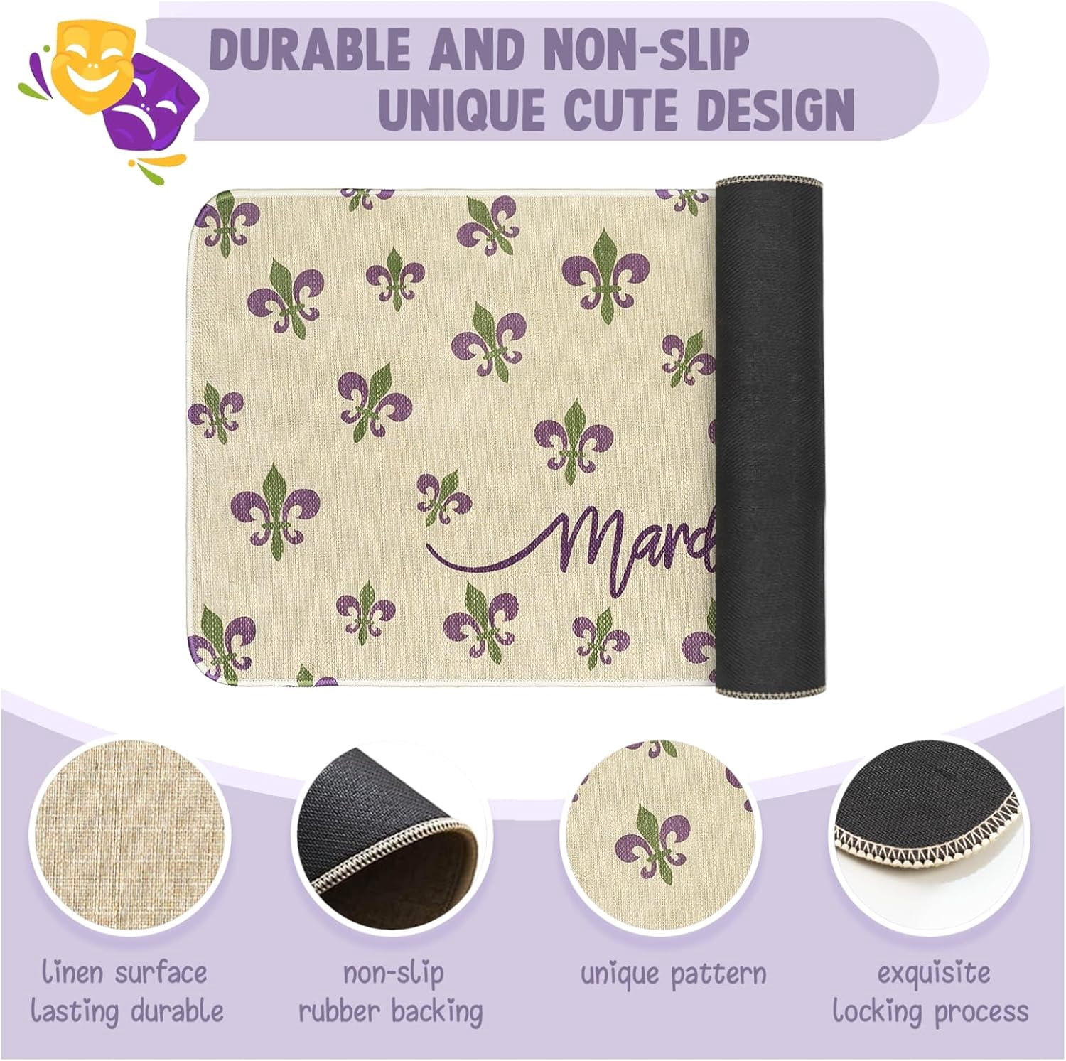 Mardi Gras Door Mat Welcome Doormat Fleur de Lis Decor Kitchen Mats Home Party Outdoor Entrance Non-Slip Rubber Home Kitchen Mats 30" X 17"