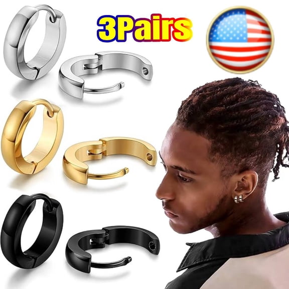 3 Pairs Men Earrings, Small Silver Hoop Earrings Men Women 316L Stainless-Steel Simple Round Hoop Earrings for Jewelry Gifts