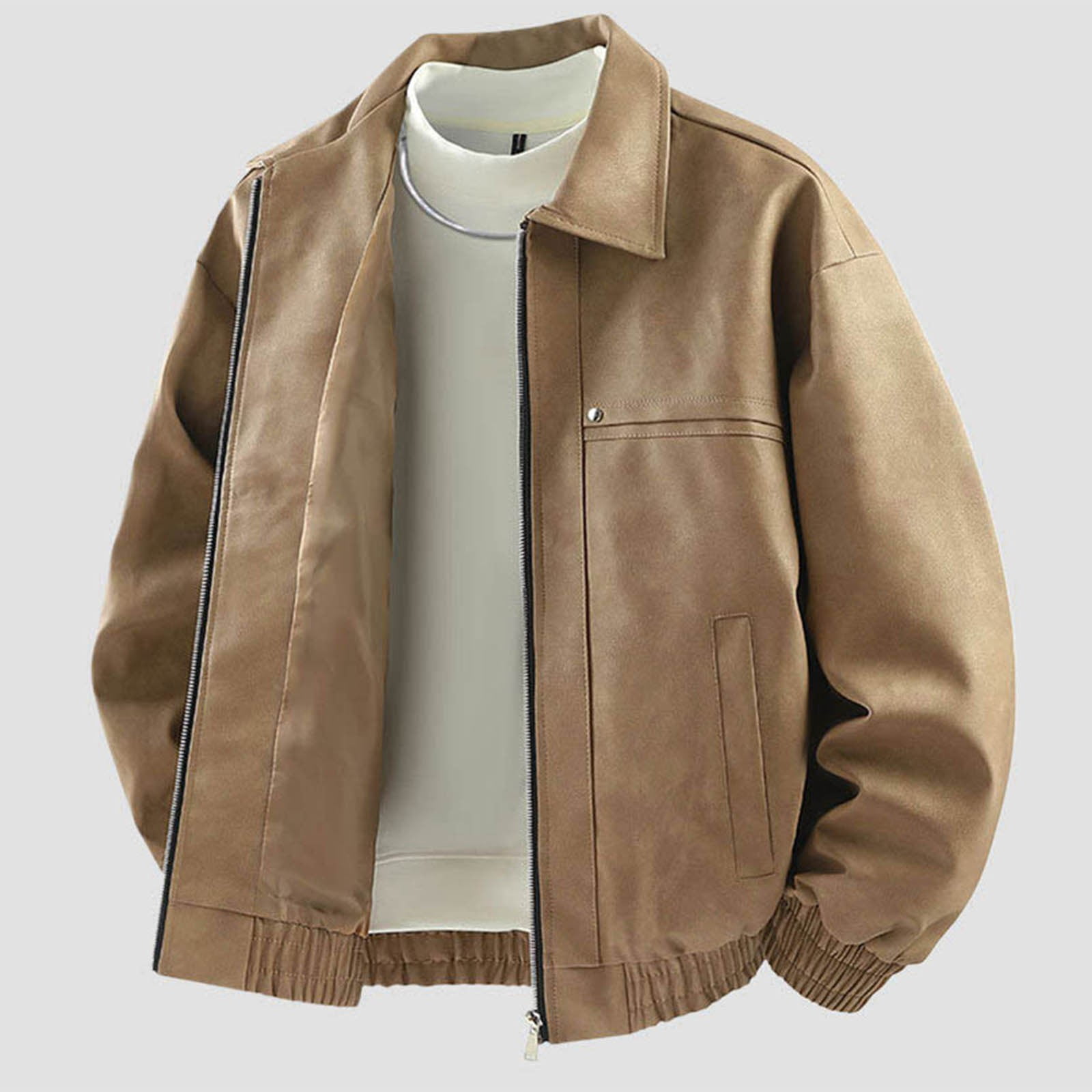 Xzbqbs Vintage Leather Jacket Mens Full Zip Classic Lapel Collar Coat Solid Color Softshell Windbreaker Leather Jackets for Men