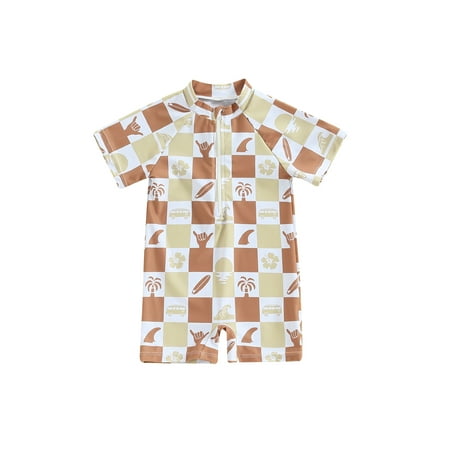 Qtinghua Infant Toddler Baby Baby Boys Rash Guard Short Sleeve Crab Tree Print Swimsuit Jumpsuit Summer Swimwear Khaki 6-12 Months