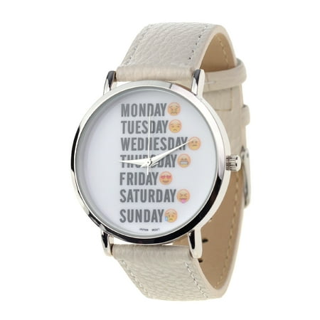 - Unisex Geneva Japanese Movement Days of the Week Emoji Face White Faux Leather Strap Watch