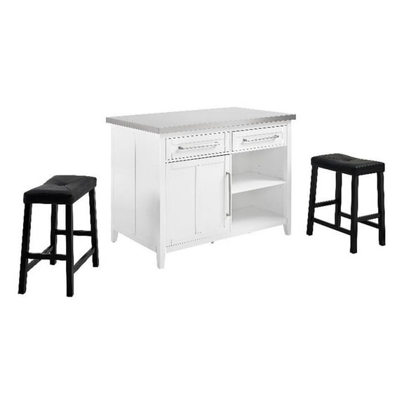 Pemberly Row 3-Piece Wood Kitchen Island with Saddle Stools in White