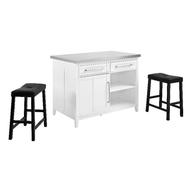 Pemberly Row Îlot de Cuisine en Bois 3 Pcs avec Tabourets en Selle Blanc