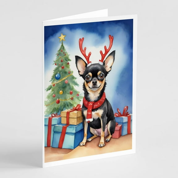 Carolines Treasures DAC7755GCA7P 5 x 7 in. Black & Tan Chihuahua Christmas Reindeer Greeting Cards, Pack of 8