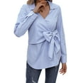 thumbnail image 5 of Xuanfei Women Striped Lapel V Neck Bowknot Tie Front Long Sleeve Blouse, 5 of 7