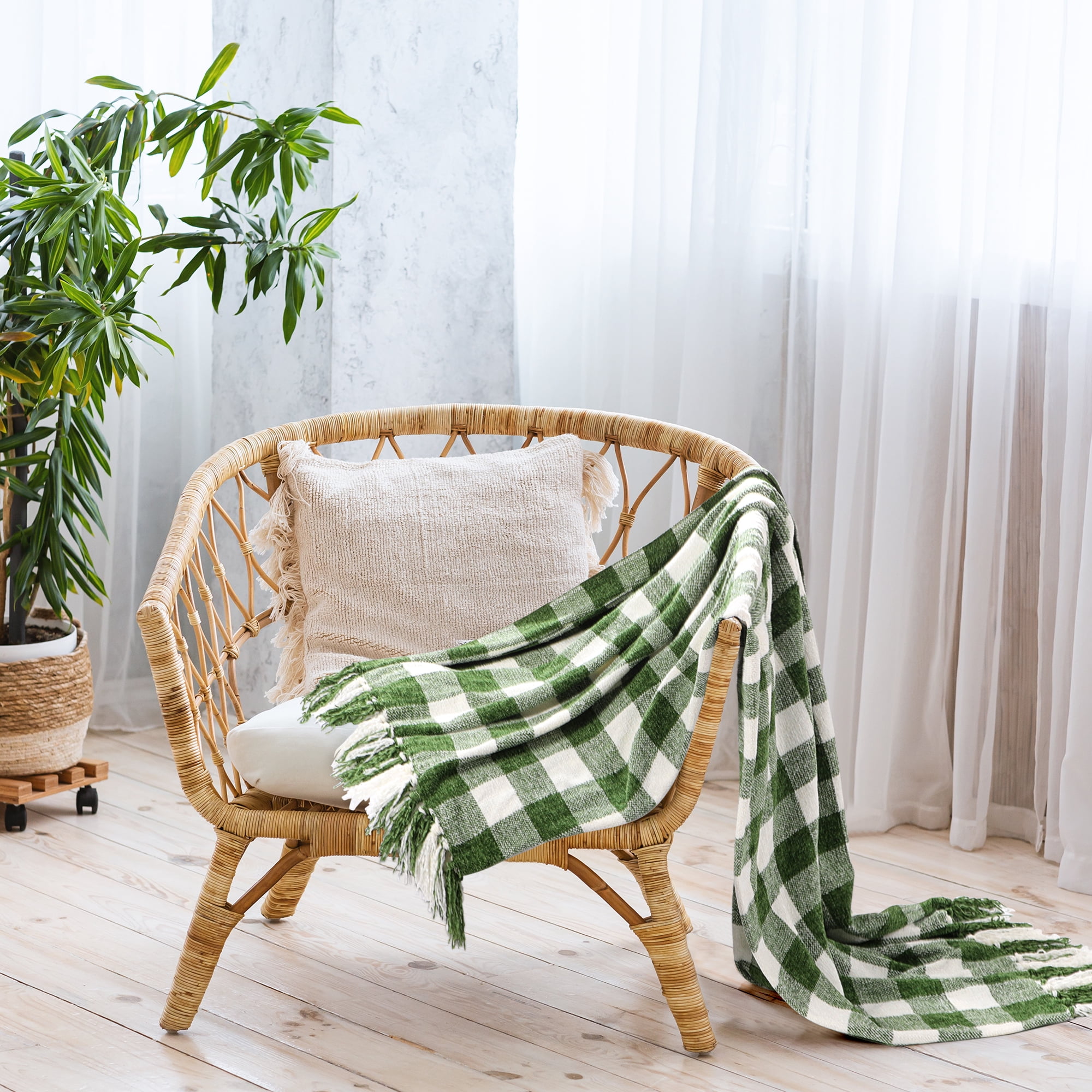 Unique Bargains Chenille Throw Blankets Soft Plaid Fern Green and White, Throw