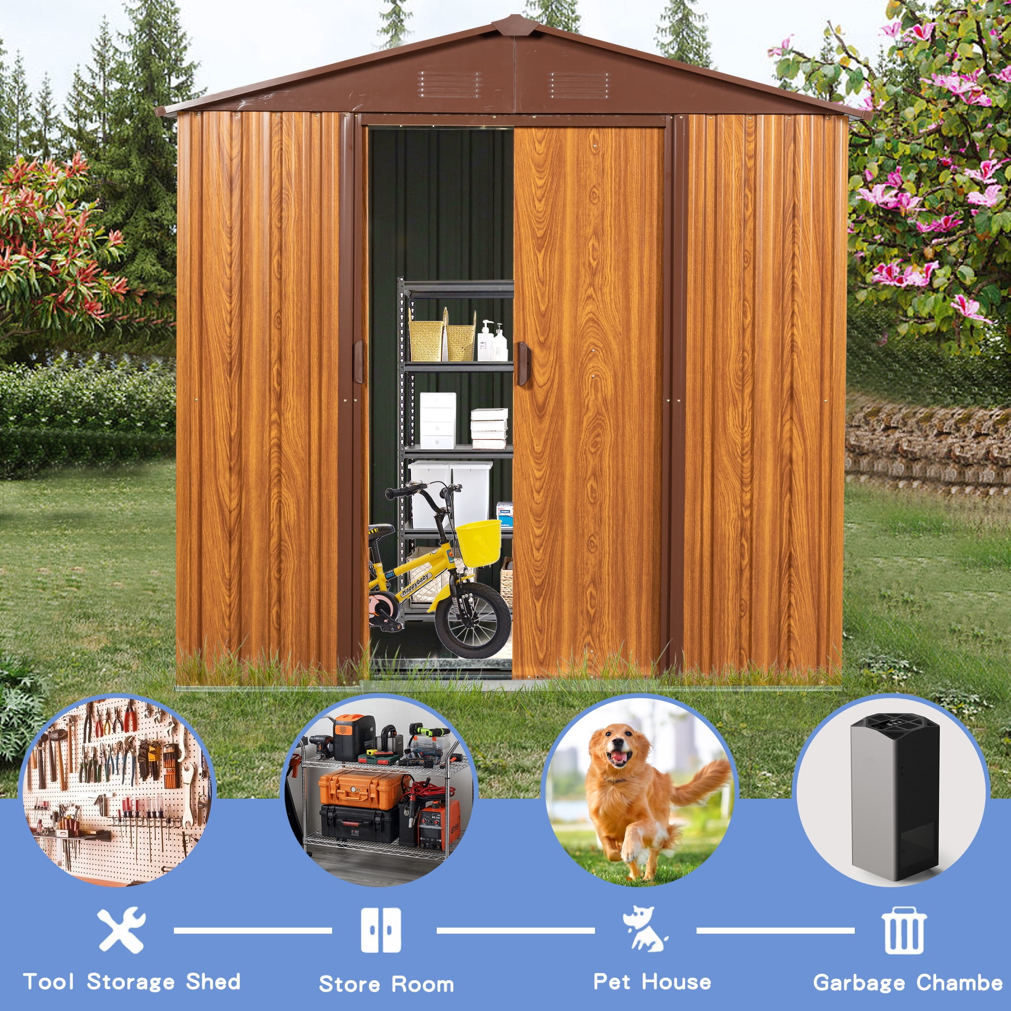 Jopath 6ft x 6ft Outdoor Storage Shed with Metal Foundation, Heavy Duty Metal Shed Garden Tool Shed with Lockable Door for Backyard, Patio Brown