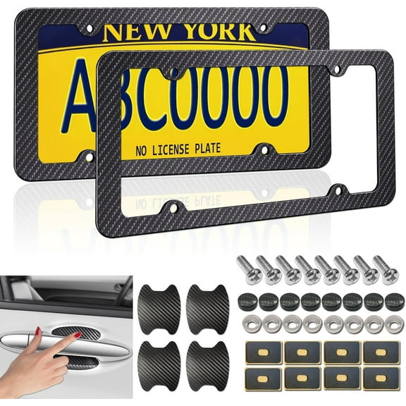 Carbon Fiber License Plate Frames- Black Plastic Slim Edge Car Tag Holder, with Screw Caps& Stickers