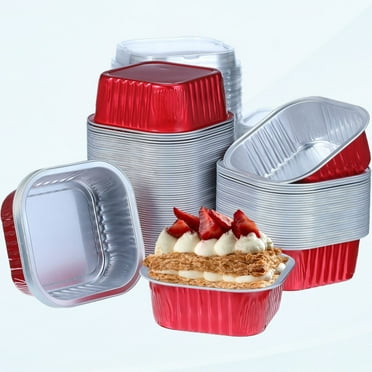100 Set Aluminum Foil Baking Cups 10oz Cupcake Liners with Lids Mini Disposable Dessert Cups Cupcake Ramekins Square Container for Cake Muffin Souffle Pudding Wedding Birthday