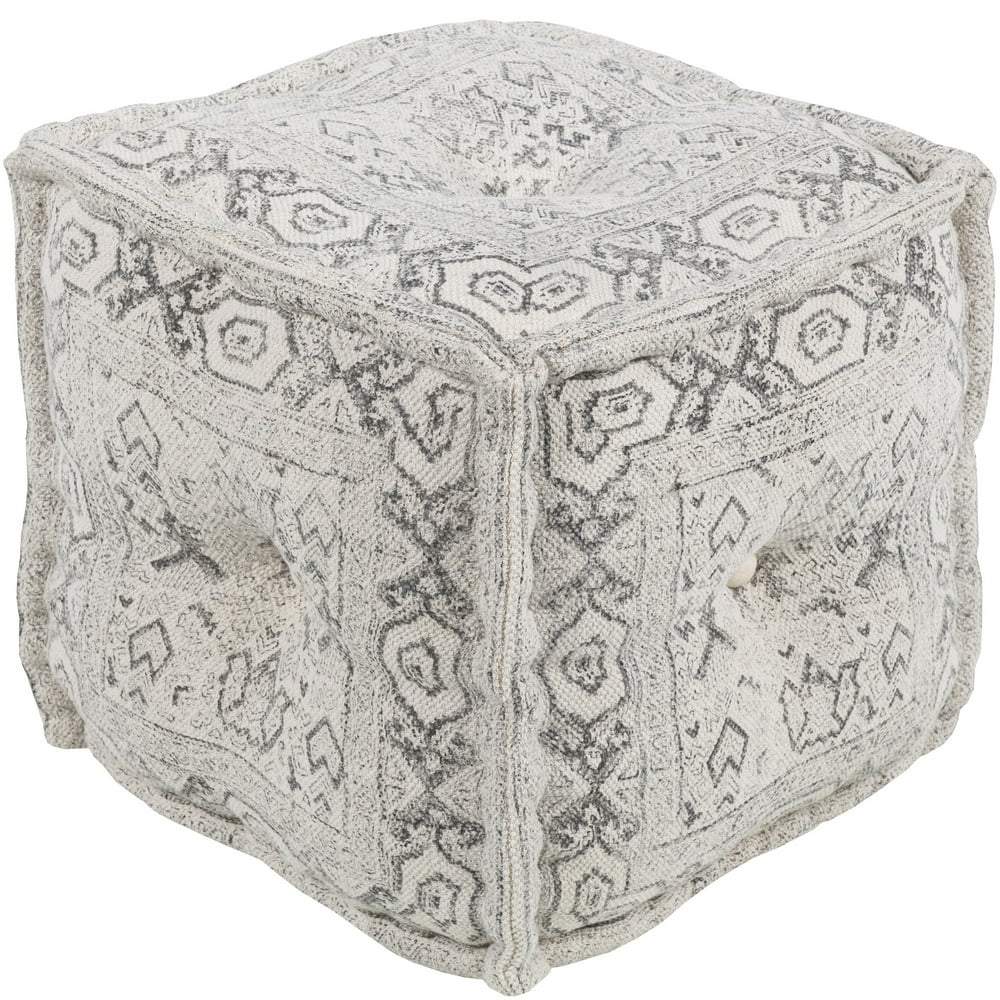 16" White and Gray Bohemian Style Design Cotton Square Pouf Ottoman