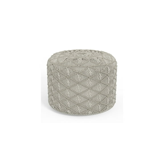 Round Macrame Pouf - 18" Cotton Footrest Ottoman - Handwoven Grey Seating - Lightweight & Sturdy