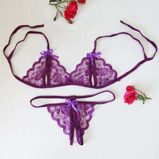 SpringTTC Women 2PCS Lace Lingerie Set See Through Underwear Floral Sheer  Bra and Panty