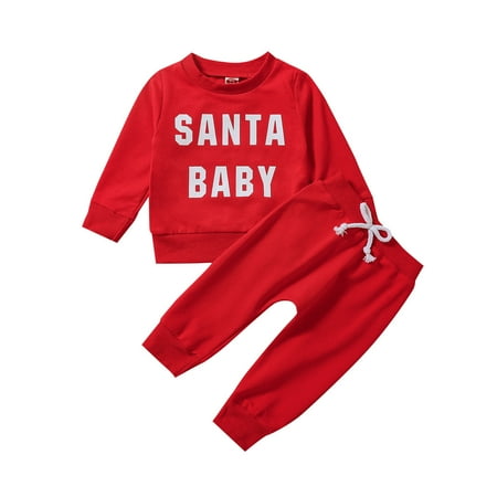 

GWAABD Baby Clothes Sets Toddler Boys Girls Winter Long Sleeve Santa Baby Letter Prints Tops Pants 2PCS Outfits Clothes Set
