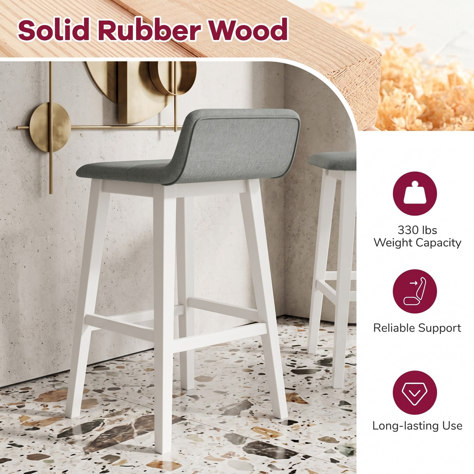 Furnibear 29 Inch Bar Stools Set of 1 Low-Back High-Top Chair with Padded Faux Linen Seat, Rubber Wood Legs and Built-In Footrest for Kitchen Dining Room Home, White