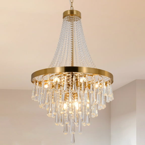 24" Gold 6-Tier Crystal Chandelier with 21" Adjustable Chain - 59" Height Wrought Iron Ceiling Light, 9×E14 Sockets for Living Room Dining Room High Ceiling Foyer