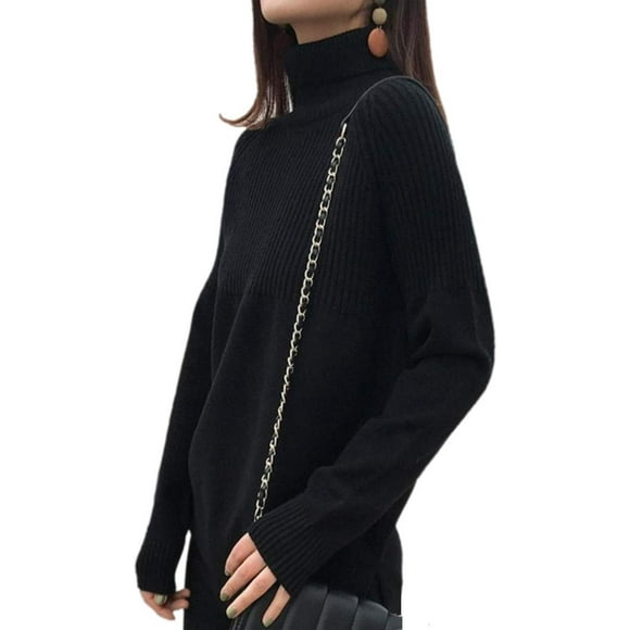 aters Womens Loose Jumpers Merino Wool Knit Split Thick Turtleneck Pullover Long Sleeve Winter Tops Black XX-Large