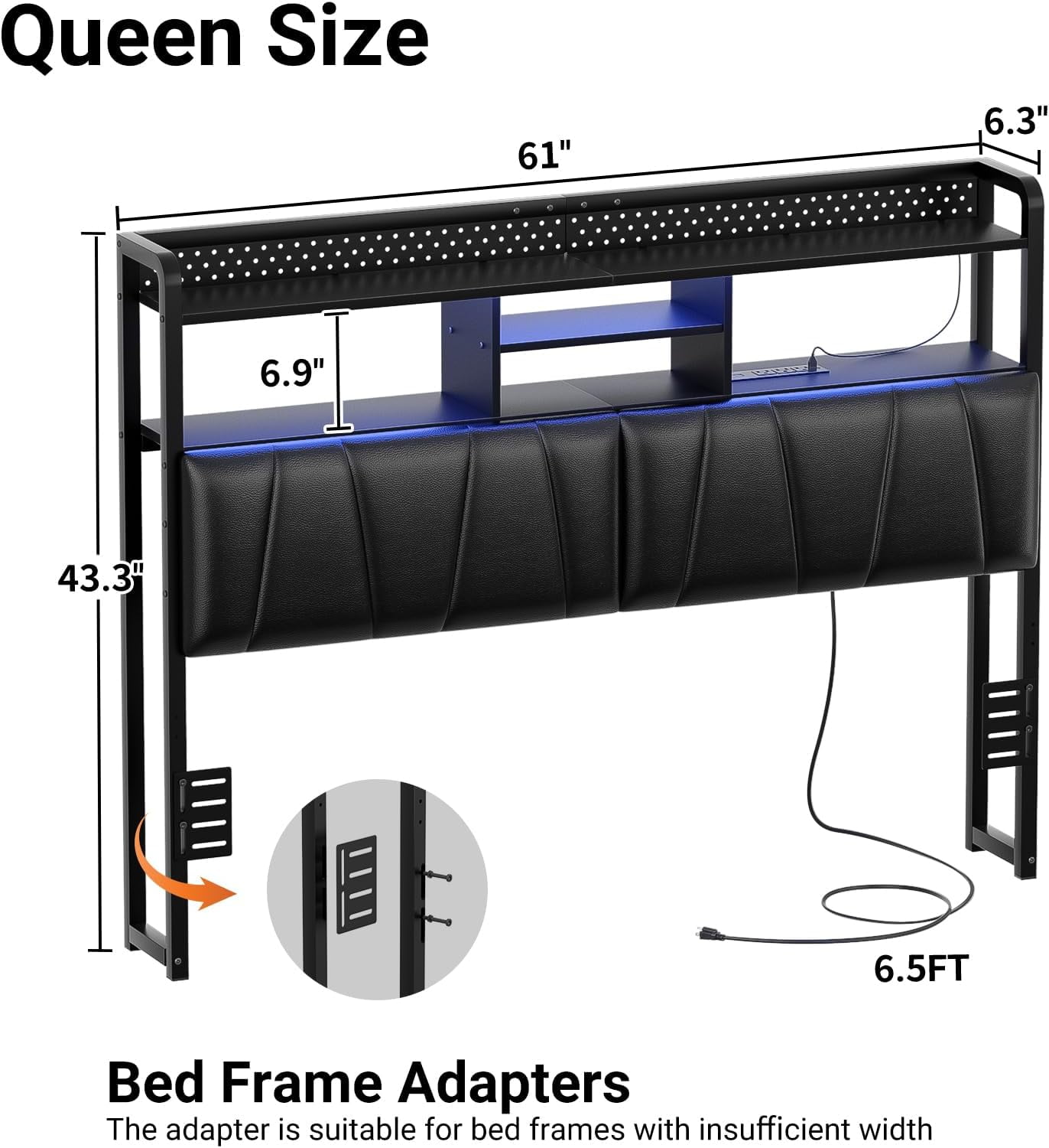 iSunirm Queen Size Upholstered Headboard with Power Outlets, USB Ports & RGB LED Light, Comfy Leather Headboards with Storage Shelf, Sturdy Queen Bed Headboard for Bedroom/Dorm Room, Black