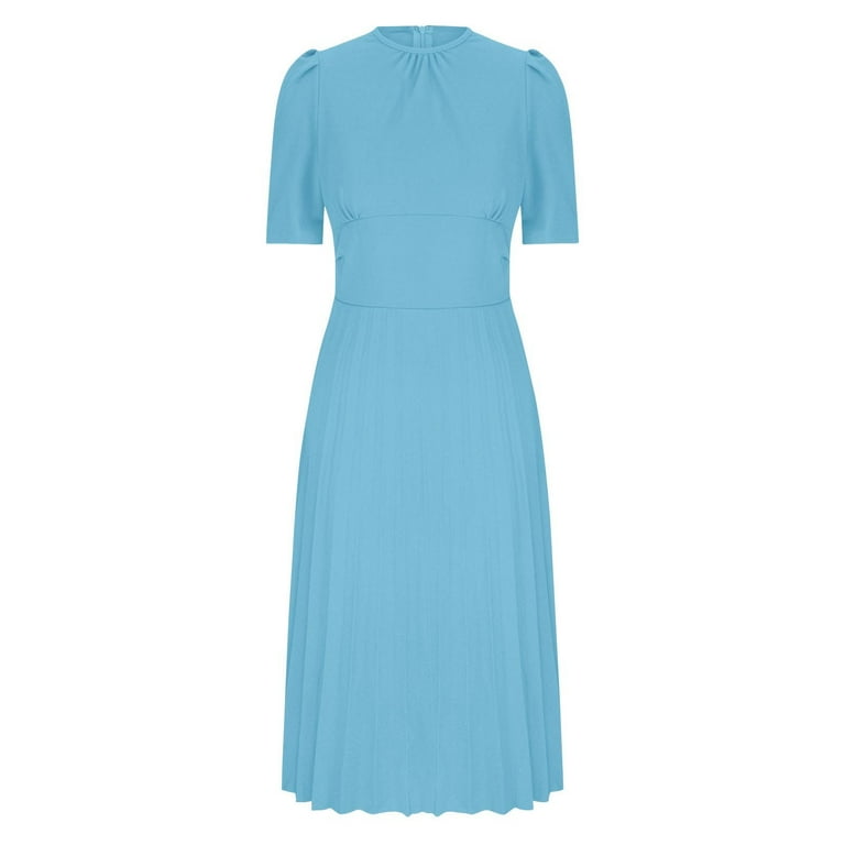 fit and flare birthday dress for women Blmnix Pleated Birthday Dresses for Women Sexy Tea-Length Fit & Flare  Business Work Short Sleeve Fashion Crew Neck Dresses