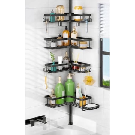 Shower Caddy Tension Pole: 4-Tier Corner Rustproof Bathroom Organizer with Soap Holder and Hooks – No-Drill Adjustable Shower Shelf for Renters – Family Stand Storage Rack – 47-123 Inch Black Shower Caddy Tension Pole: 4-Tier Corner Rustproof Bathroom Organizer with Soap Holder and Hooks – No-Drill Adjustable Shower Shelf for Renters – Family Stand Storage Rack – 47-123 Inch Black