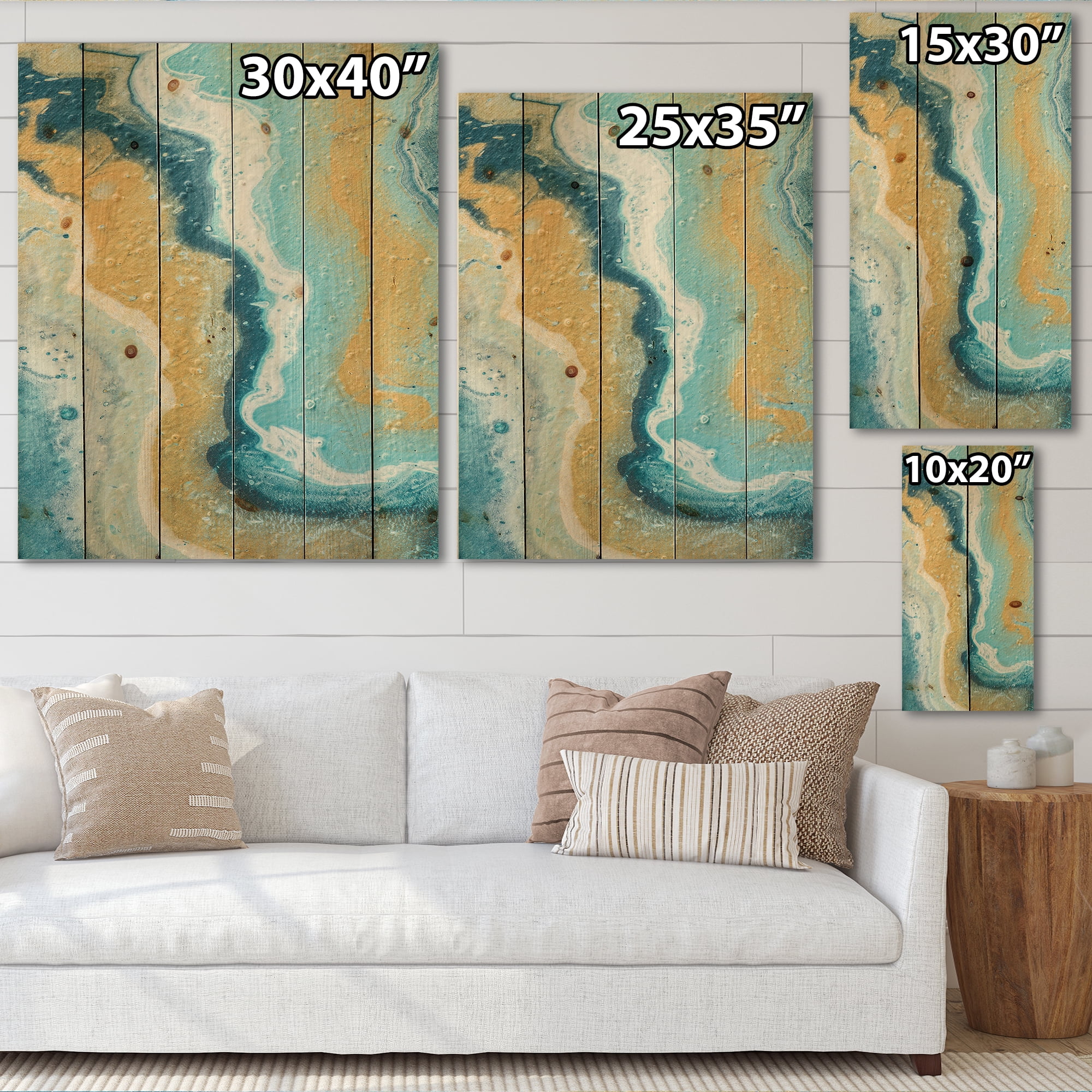 Designart 'Abstract Marble Composition In Blue and Yellow III' Modern Print on Natural Pine Wood