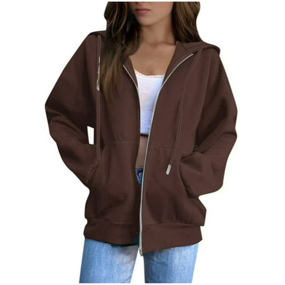 larppty Womens Drawstring Zip Up Hoodies Casual Long Sleeve Hoodie Jacket Lightweight Pullover Sweatshirts Tops with Pocket (Brown, M)