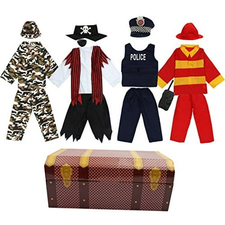 Boys Dress up Trunk Toiijoy 15Pcs Role Play Costume Set-Pirate,Policeman,Soldier,Firefighter Costume for Kids Age 3-6yrs