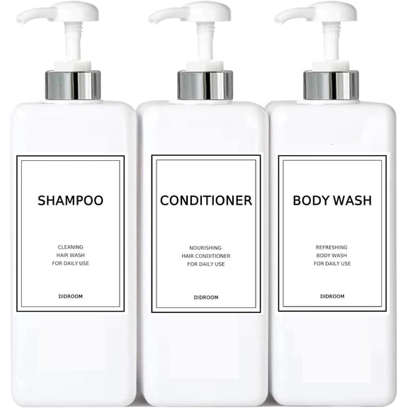 Modern Silver Shampoo and Conditioner Dispenser (21 oz, Pack of 3) Refillable Pump Bottle Set Empty Shower Plastic Bottles with Pump for Bathroom Body Wash Soap and Shower