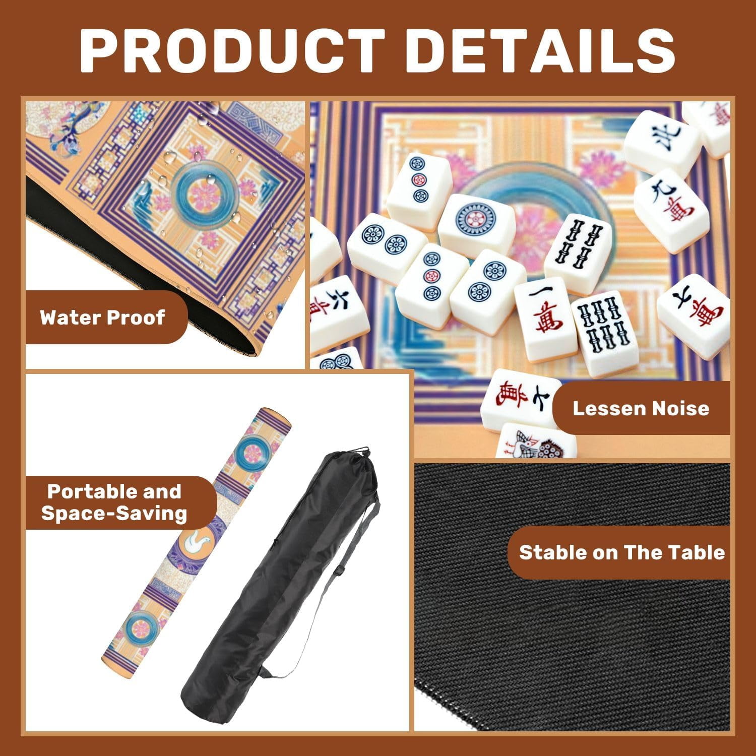 Mahjong Mat 31.5" x 31.5" Floral Geometric Dove Motif Purple Pink Blue Tones Non-Slip Noise Reduction Mahjong Tiles Table Cover for Dominoes Poker Card Board and Tile Games