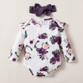 thumbnail image 4 of Kucnuzk Newborn Baby Girls Winter Clothes Sets 9-12 Months Skirt Set Outfits Ruffle Long Sleeves Romper Floral Top Suspender Skirts with Headband 3pcs Clothing Purple, 4 of 9