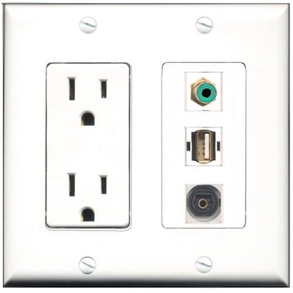 RiteAV - 15 Amp Power Outlet 1 Port RCA Green 1 Port USB A-A 1 Port Toslink Decorative Wall Plate
