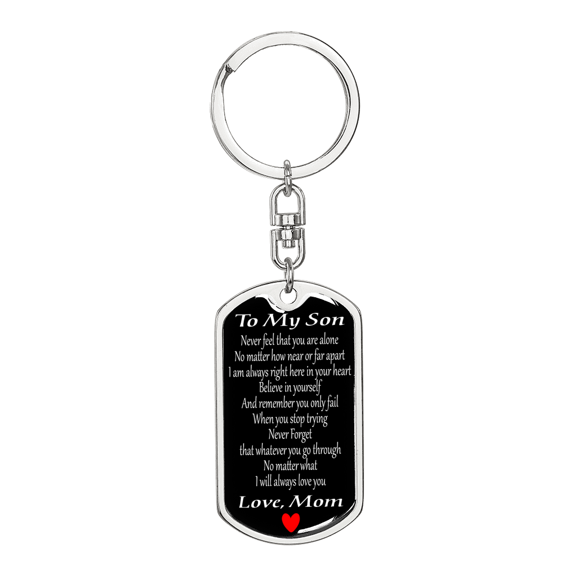 To My Son Right Here In Your Heart Stainless Steel or 18k Gold Premium Swivel Dog Tag Keychain