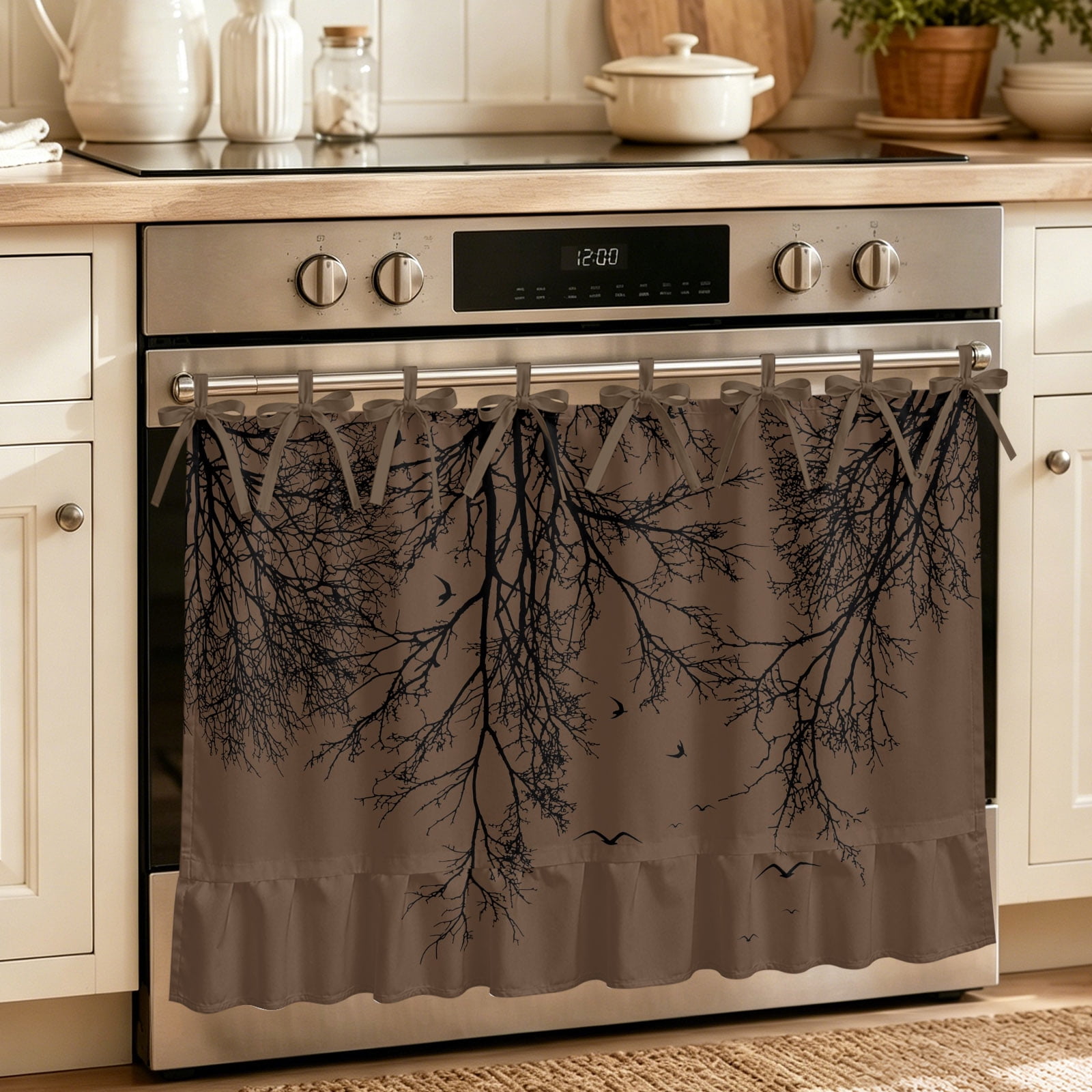 Coffee Brown Black Branches Oven Skirt for Farmhouse Kitchen D&eacute;cor Botanical Dead Tree Birds Oven Curtain Tie Top Decorative Stove Skirt Cabinet Dish Washer Curtains with 8 Ribbon Ties 27 x20