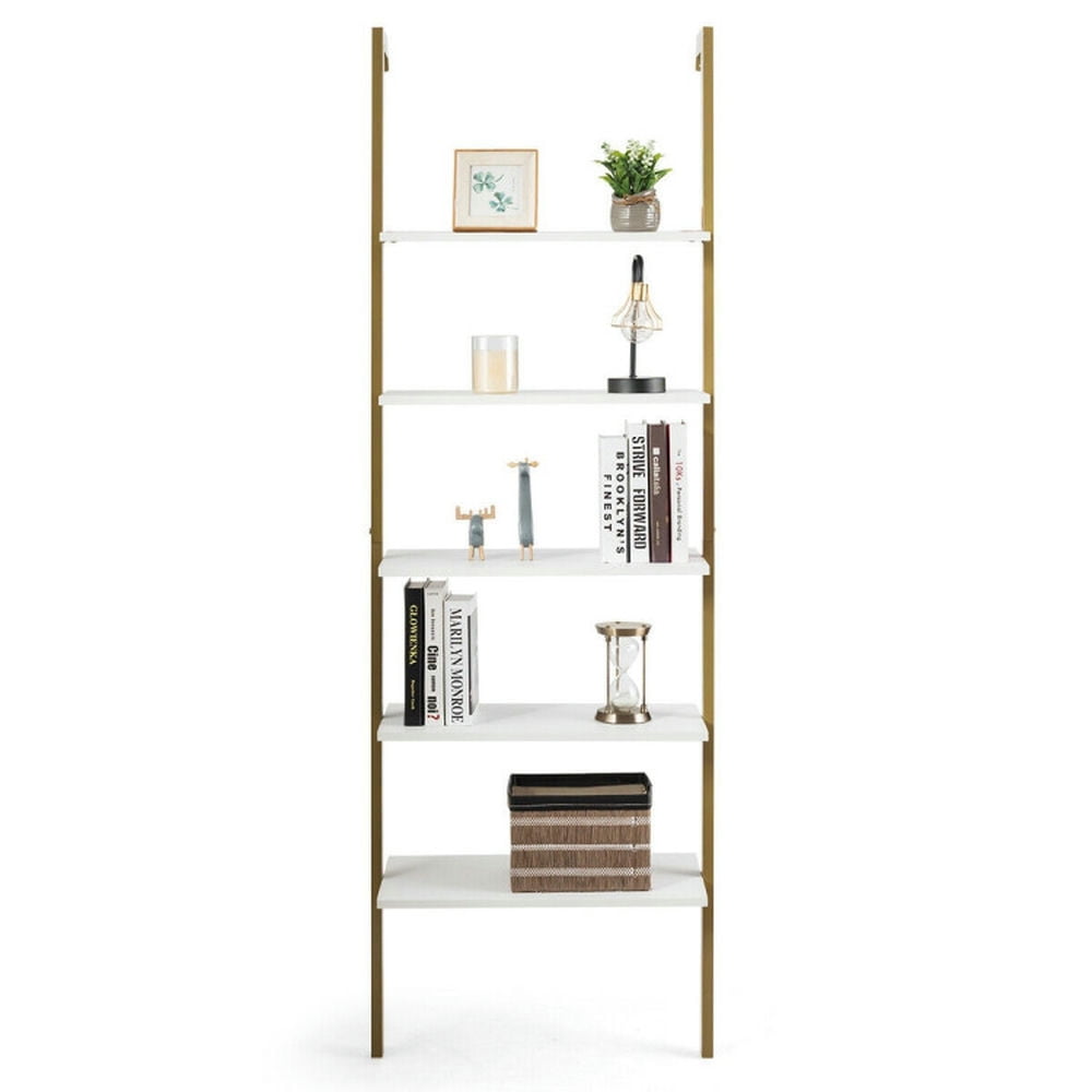 Demi Bonn 5-Tier Wood Look Ladder Shelf with Metal Frame for Home, Multipurpose Open Bookshelf, Yellow