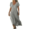 thumbnail image 2 of Linen Casual Dresses for Women Flowy V Neck Short Sleeve 2025 Maxi Dress Lightweight Summer Beach Vacation Clothes, Limited Time Under 10 Dollars, 2 of 6