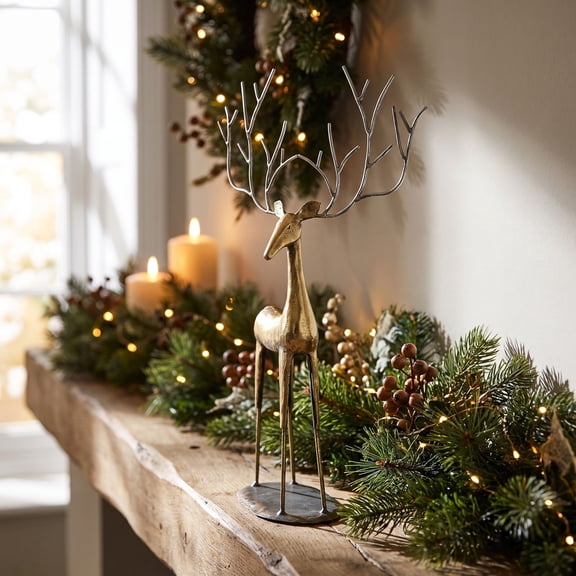 Cadancy Christmas Reindeer Figurine Metal Deer Statue Holiday Decor for Mantle Shelf Table Centerpiece Home Ornament Slender Antler Design Indoor Living Room Winter Season Decoration