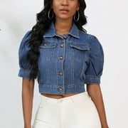Brilliant Denim Jackets for Women Short Sleeve Jean Jacket Spring 2025 Women Casual Button Solid Short Sleeve Tops Jacket Coat Blue XL