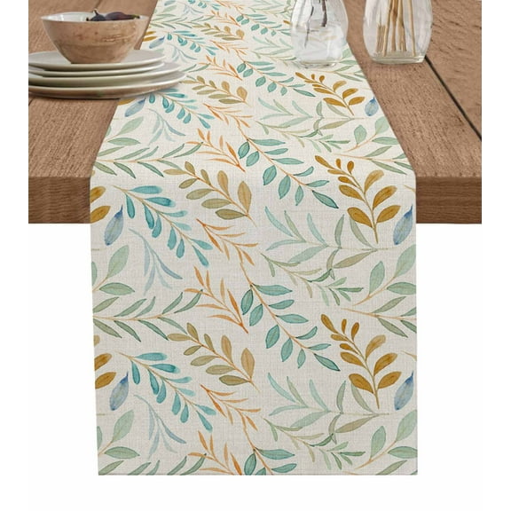 Blue Green Orange Botanical Burlap-Cotton Table Runner 70 Inches Long,Pastoral Watercolor Rustic Farmhouse Table Runners,Outdoor Dining Tablecloths Decor for Baby Shower Party Wedding 13x70