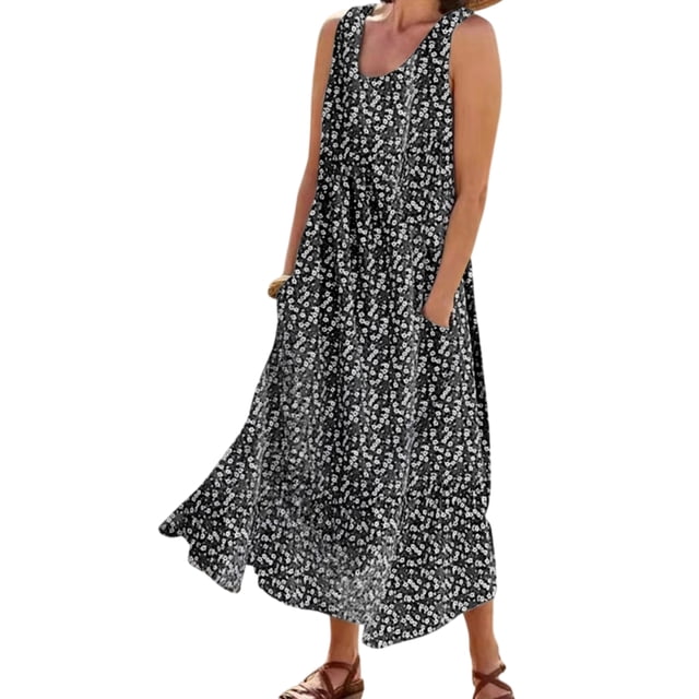 Avamo Robe Longue Maxi Femme Imprimé Floral Robes Évasées Col Rond Été Plage Robe Décontractée Fête Noir G
