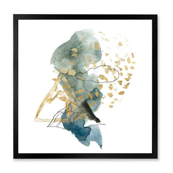 Designart 'Gold Strokes and Landscape of Dark Blue Mountains I' Modern Framed Art Print