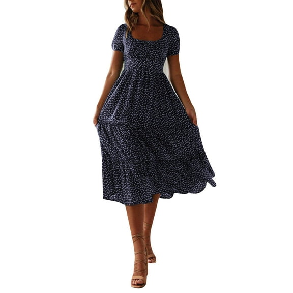 DYMADE Women Short Sleeve Floral Print Summer Casual Midi Swing Dress