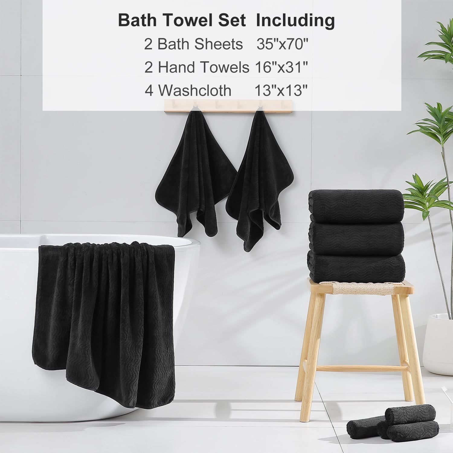 Beartech 8 Piece Microfiber Bath Towel Set ,2 Oversized Bath Sheet,2 Hand Towels,4 Washcloths, Extra Large, Soft & Less Lint Bathroom Towels Highly Absorbent Quick Dry Towels-Black