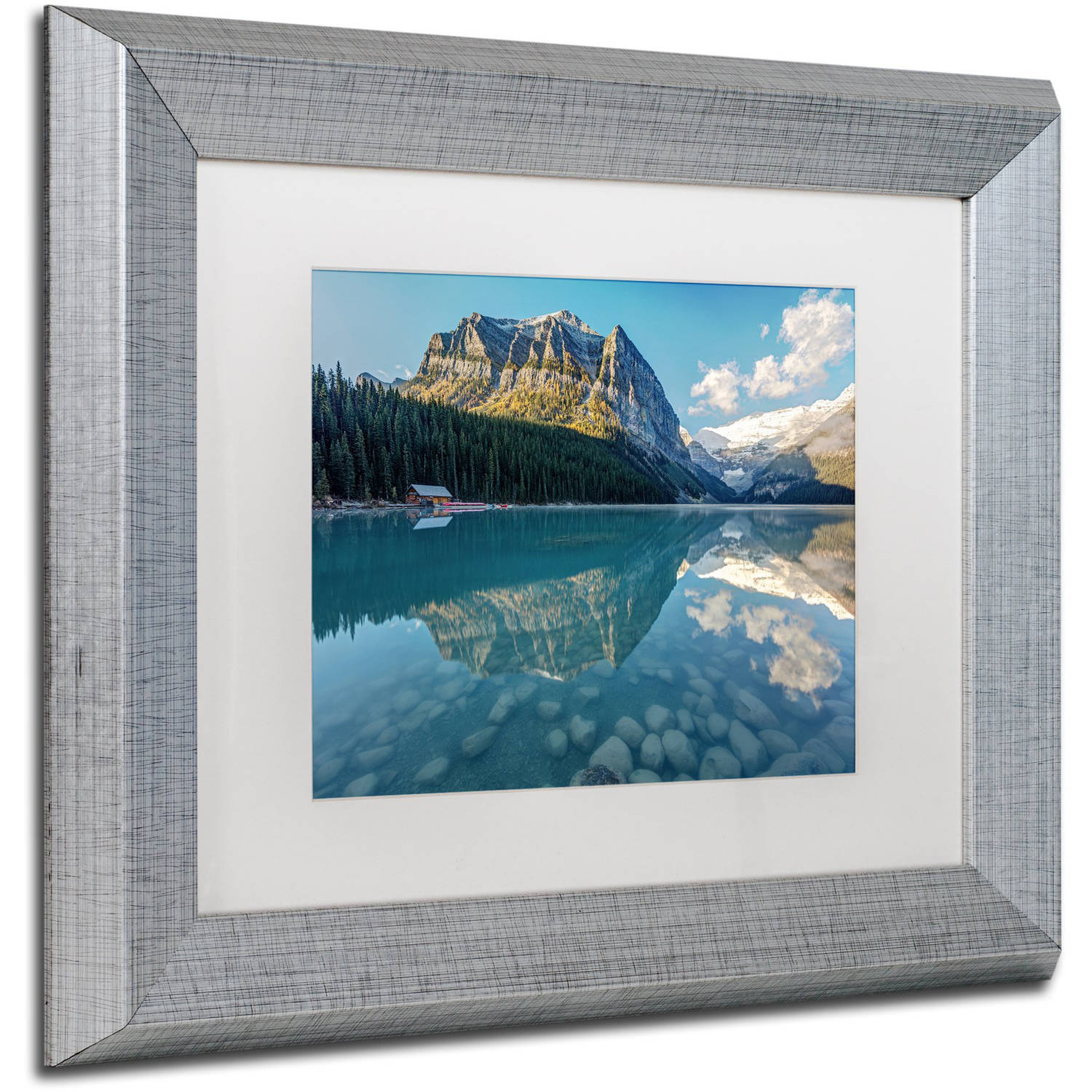 Trademark Fine Art 'Calm Lake Louise Morning' Canvas Art by Pierre Leclerc, White Matte, Silver Frame
