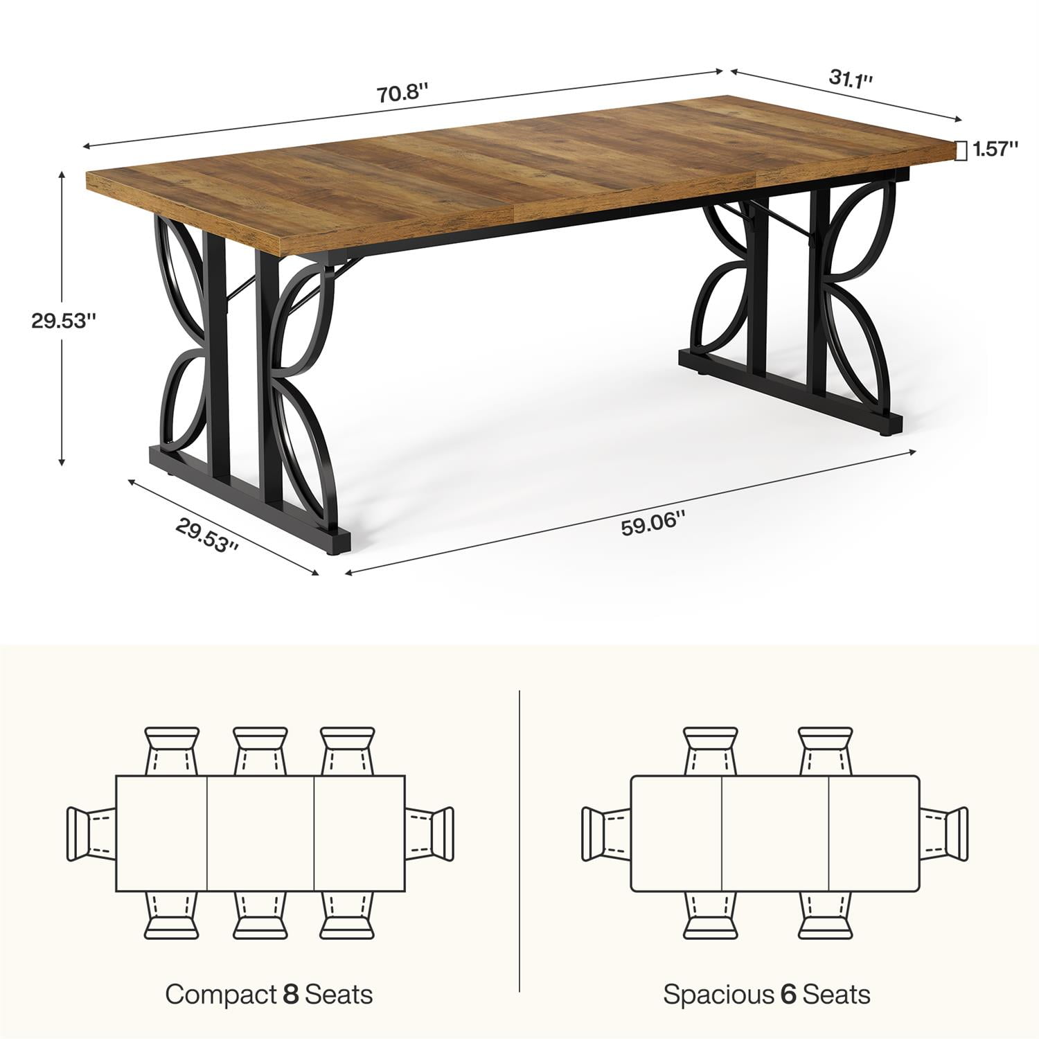 Demi Bonn 70" Industrial Wood & Metal Dining Table Large Rustic Kitchen Table, Dining Room Table for Family Gatherings, Brown