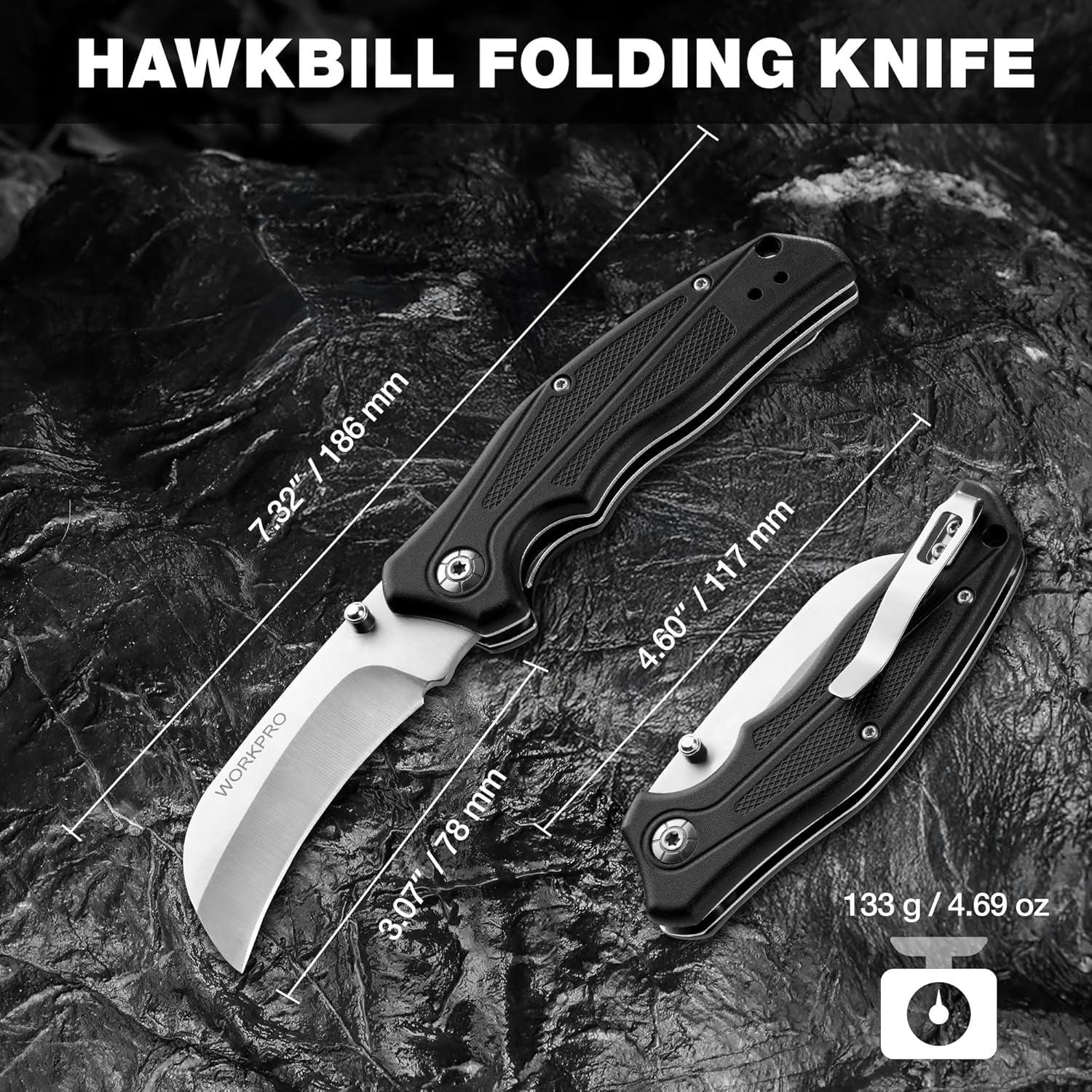 Pocket Knife, Hawkbill Folding Utility Knife with Lanyard Hole and Belt Clip, Electrician Knife for Cable inning and Carpet, Linoleum, Cardboard, Rope, Wire Cutting