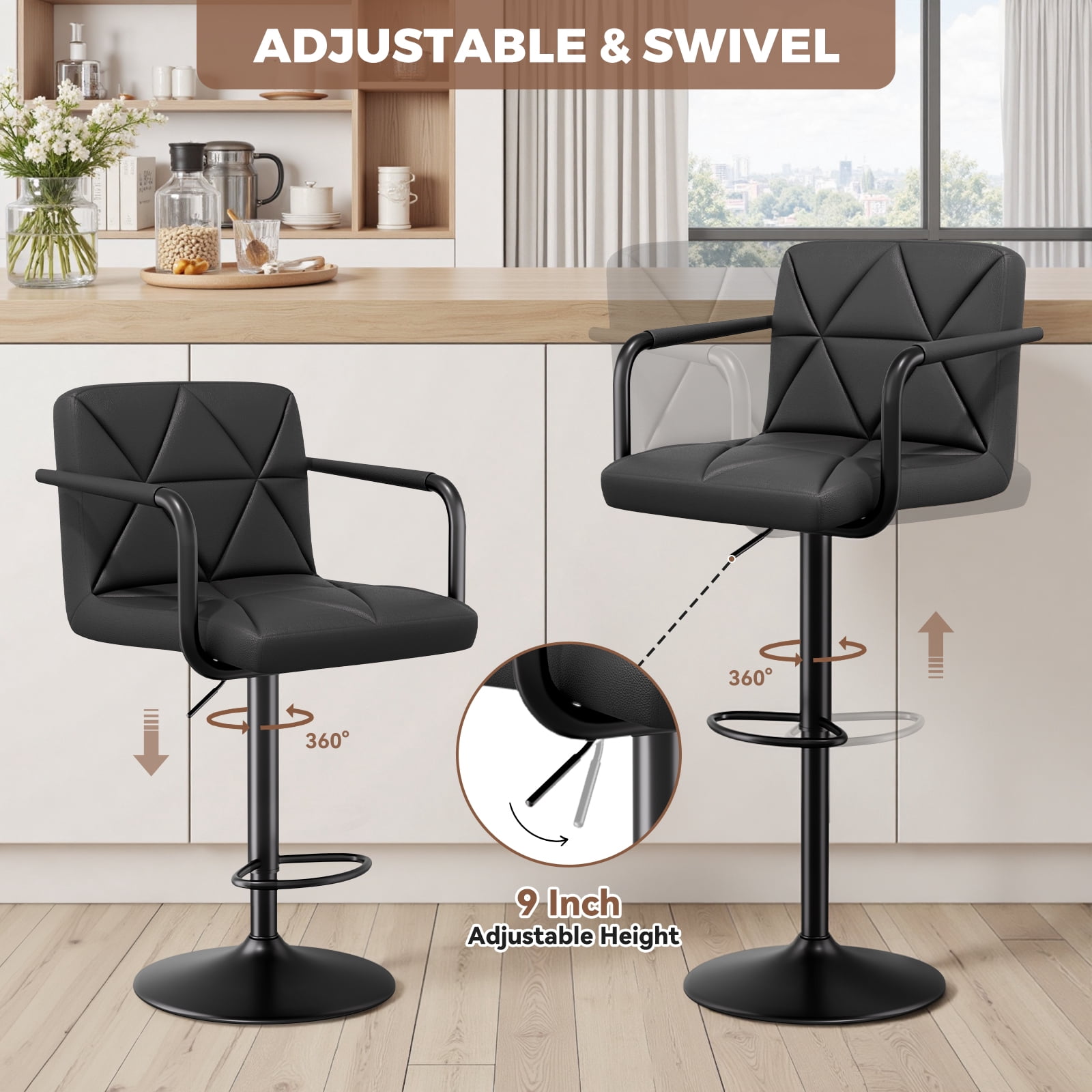 Daluvenix Bar Stools Set of 2， PU Leather Adjustable Swivel Barstools，Hydraulic Counter Height Bar Chairs with Armrest Back for Kitchen Island，Black