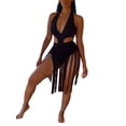 thumbnail image 3 of aturustex Women Swimsuit Sexy Bodycon Dress Halter Fringe V-Neck Bandage Cutout One Piece Bodysuit, 3 of 4