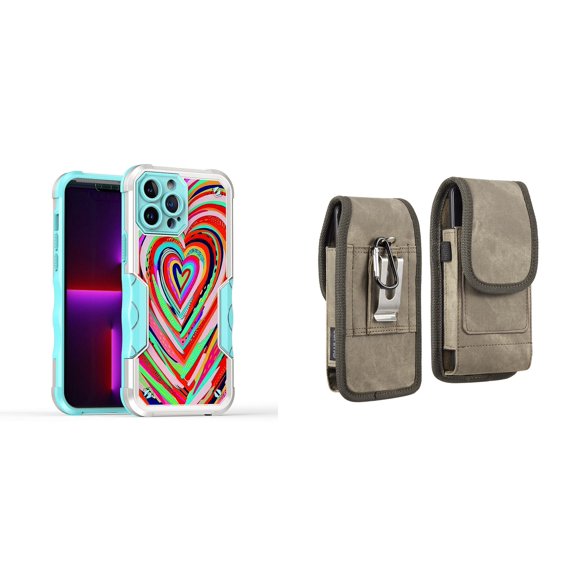Case and Pouch Bundle for iPhone 14: Heavy Duty Armor Rugged Case (Abstract Love Hearts) and Vertical Rugged Denim Nylon Belt Holster (Brown)