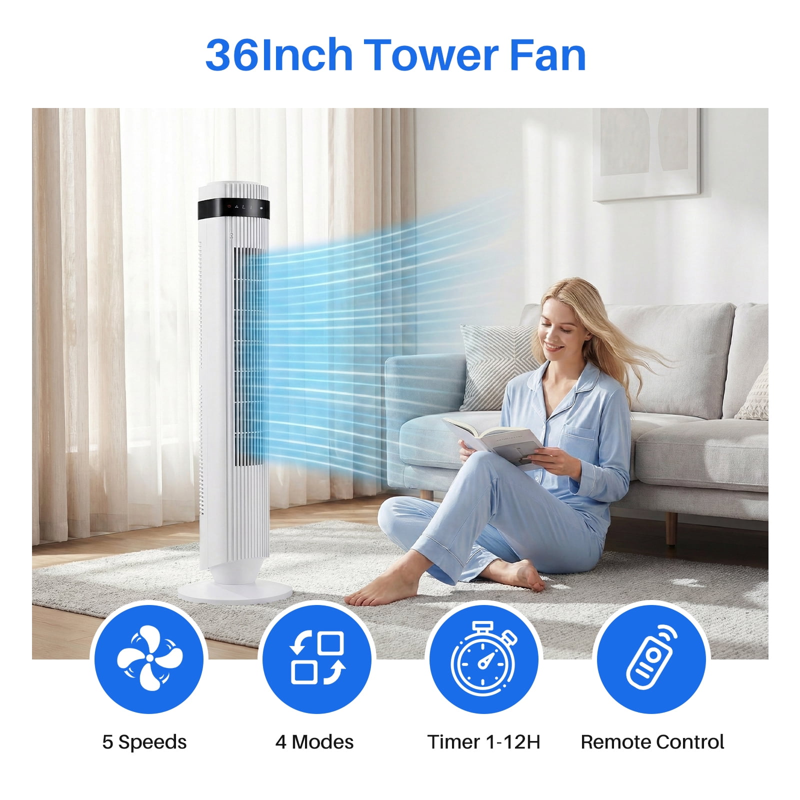 EDX Bladeless Tower Fan for Bedroom, 25ft/s High Velocity 28dB Quiet DC Fan, 5 Speeds 4 Modes, 12H Timer 64°Oscillating, Remote Standing Fan for Home Office Indoor, White